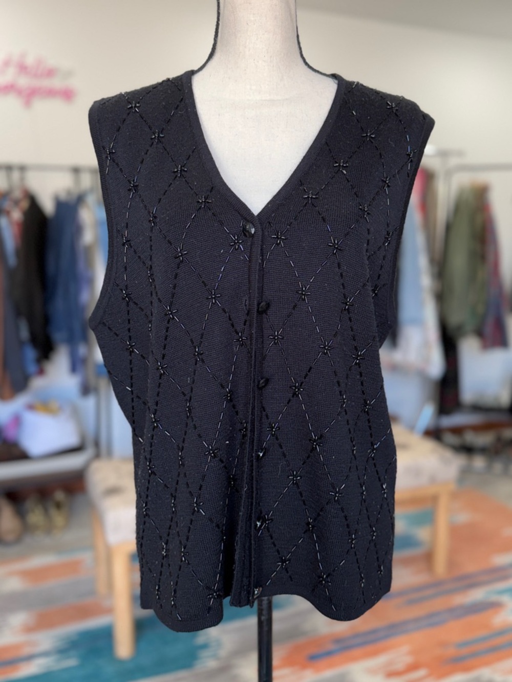 Vintage Alfred Dunner Black Beaded Sleeveless Knit Vest Button Front